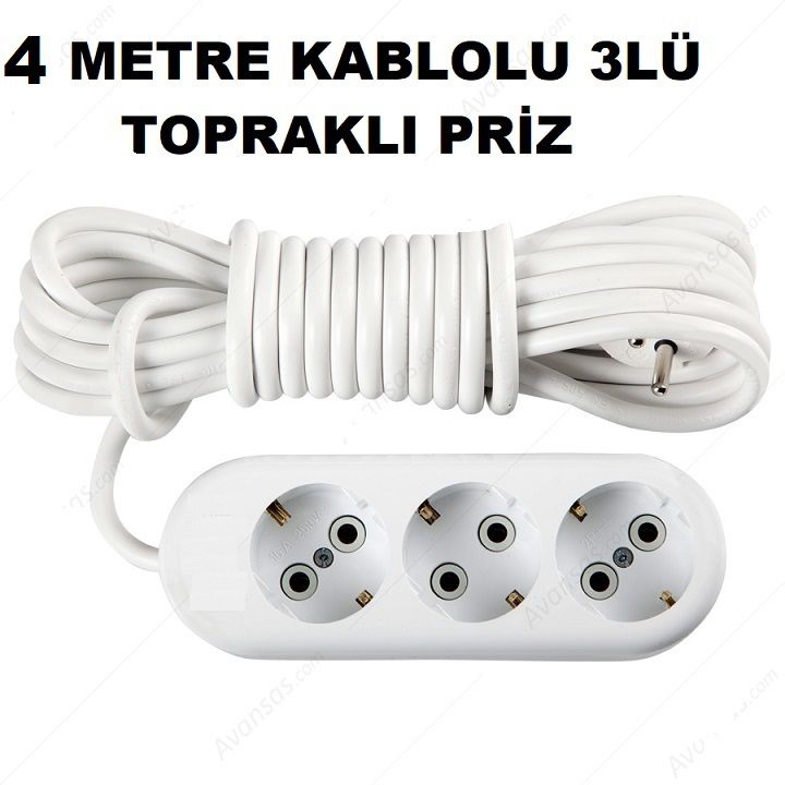 ÜÇLÜ PRİZ , 3 LÜ TOPRAKLI GRUP PRİZ 4 METRE KABLOLU TOPRAKLI FİŞLİ KABLOLU