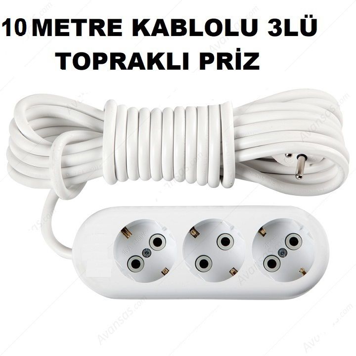 10 MT ÜÇLÜ PRİZ , 3 LÜ TOPRAKLI GRUP PRİZ 10 METRE KABLOLU TOPRAKLI FİŞLİ KABLOLU
