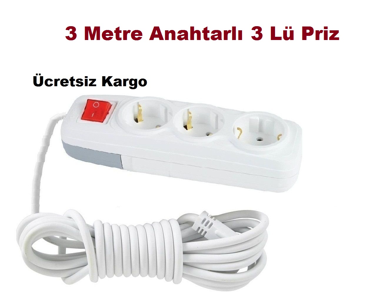 3 METRE ANAHTARLI ÜÇLÜ PRİZ , 3 LÜ TOPRAKLI GRUP PRİZ 3lü