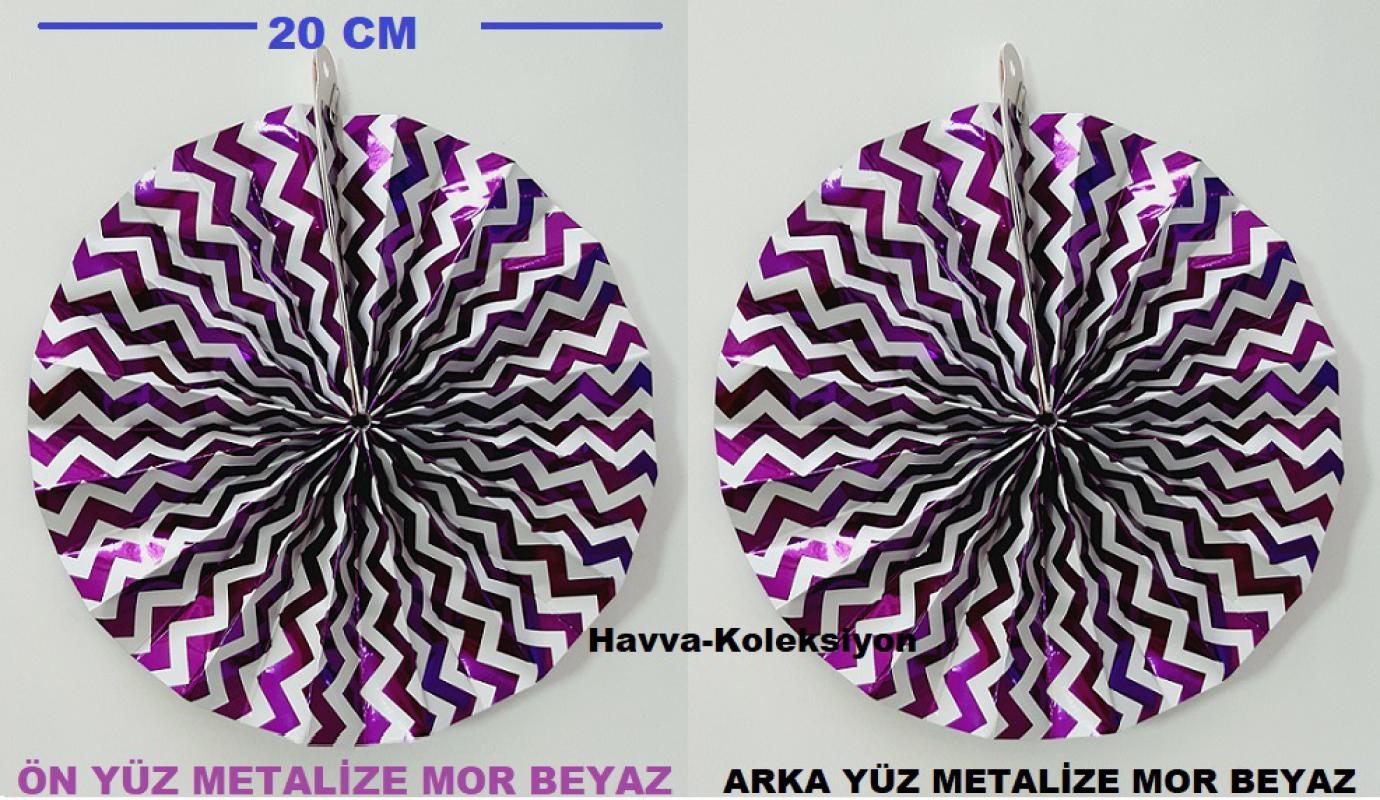 Metalize Yelpaze Süs Mor Beyaz 20 cm 2 Adet Doğum Günü Parti , Nişan , Düğün Kutlama Aksesuar