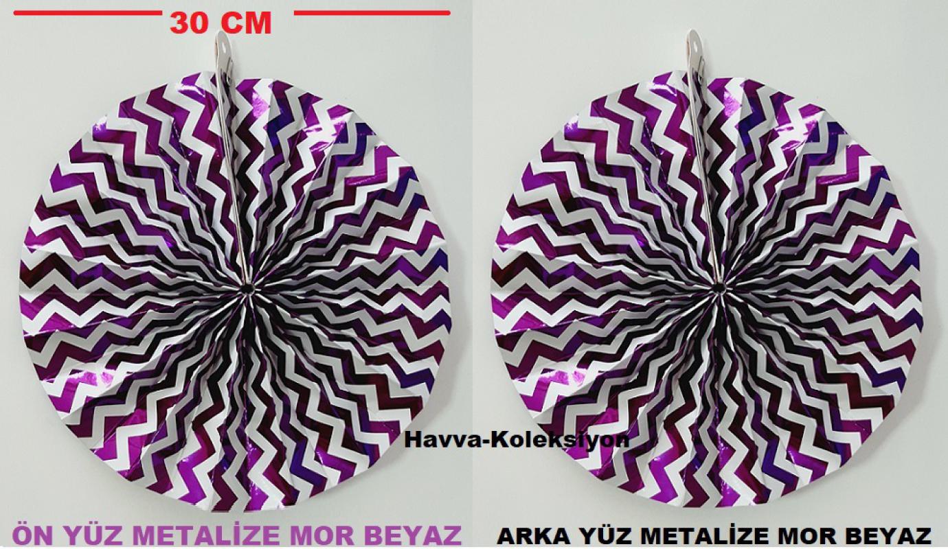 Yelpaze Süs Metalize Mor Beyaz 30 cm 2 Adet Doğum Günü Parti , Nişan , Düğün Kutlama Aksesuar