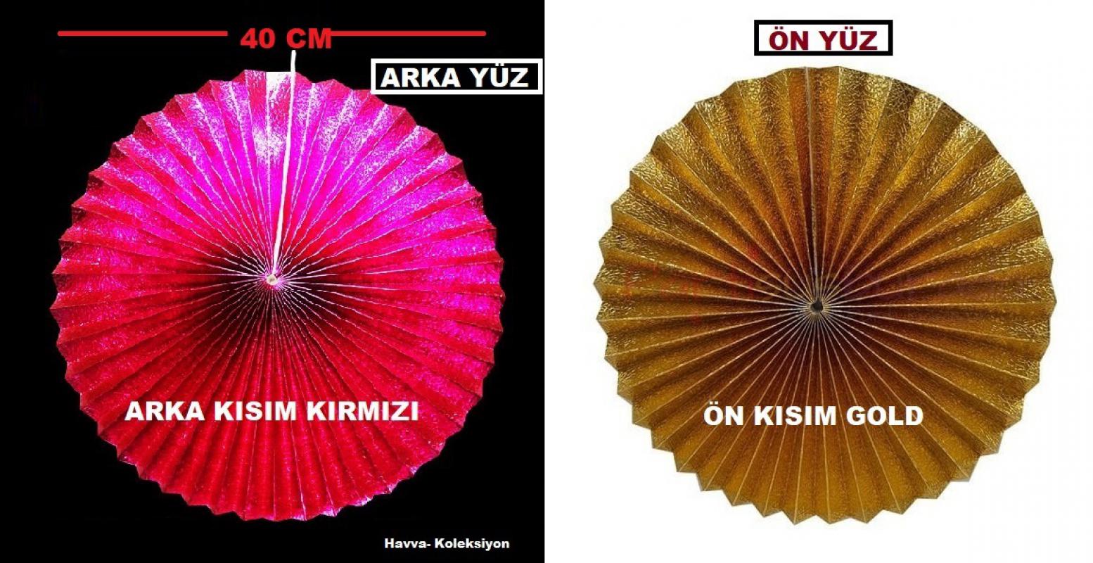 Metalik Gold - Kırmızı 40 Cm Yelpaze Süs 2 Adet Doğum Günü Parti , Nişan , Düğün Kutlama Aksesuar