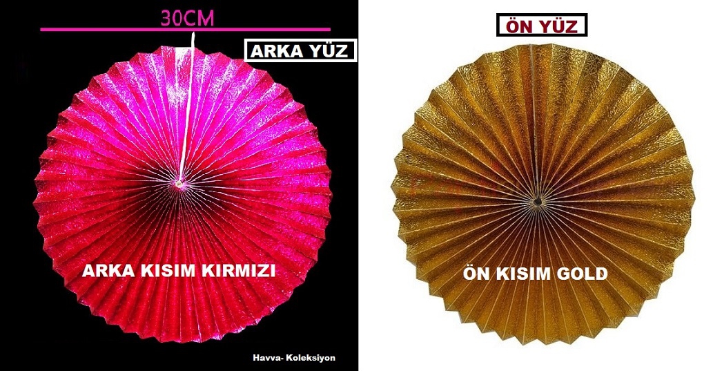 Yelpaze Süs Metalik Gold - Kırmızı 30 Cm 2 Adet Doğum Günü Parti , Nişan , Düğün Kutlama Aksesuar