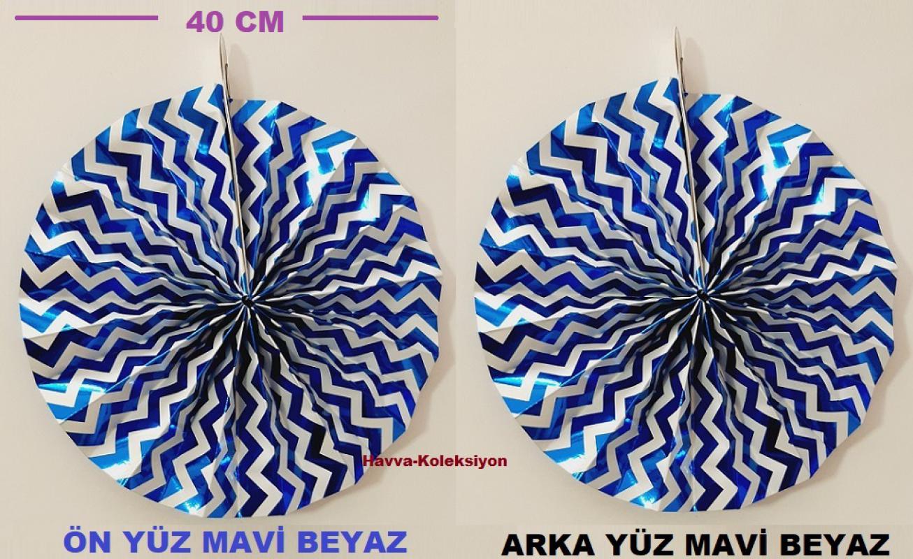 Metalik Mavi Beyaz 40 Cm Yelpaze Süs 2 Adet Doğum Günü Parti , Nişan , Düğün Kutlama Aksesuar