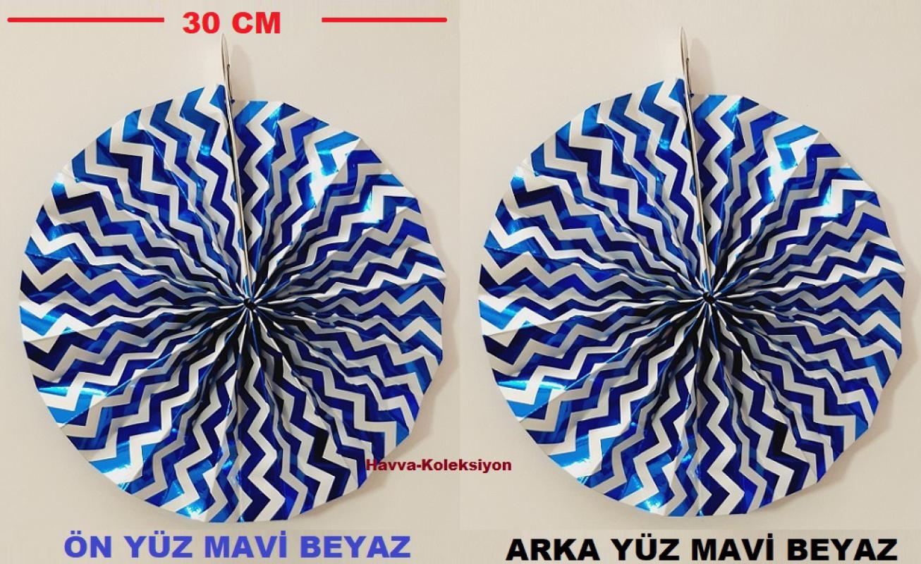Mavi Beyaz Metalize Yelpaze Süs 30 cm 2 Adet Doğum Günü Parti , Nişan , Düğün Kutlama Aksesuar