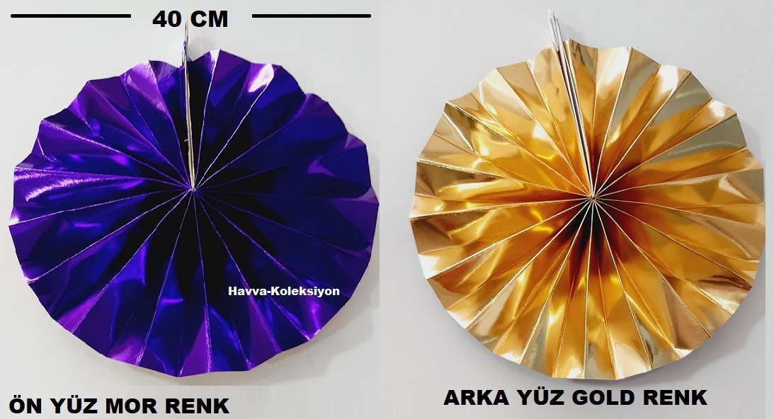 Mor - Gold 40 Cm Yelpaze Süs 2 Adet Doğum Günü Parti , Nişan , Düğün Kutlama Aksesuar