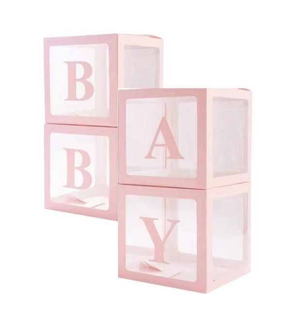 Pembe Şeffaf Balon Kutu 4 Lü , 25 CM X25 CM Baby Yazılı Kağıt Kutu Parti Kutlama Dekor