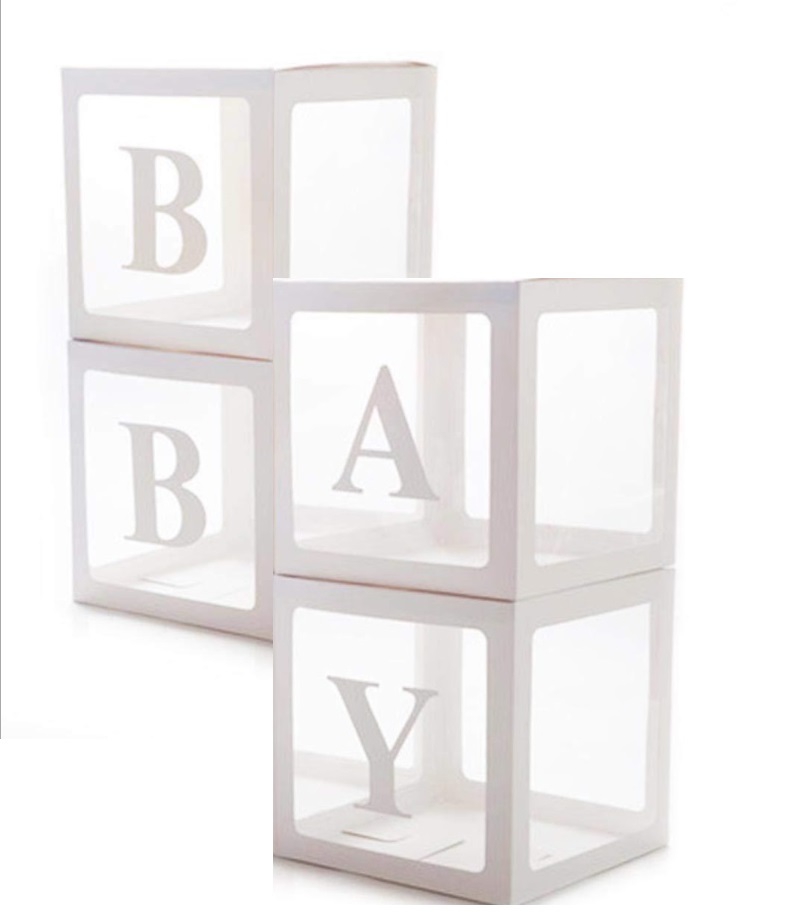 Beyaz Şeffaf Balon Kutu 4 Lü , 25 CM X25 CM Baby Yazılı Kağıt Kutu Parti Kutlama Dekor