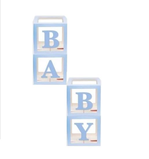 Mavi Şeffaf Balon Kutusu 4 Lü , 25 CM X25 CM Baby Yazılı Kağıt Kutu Parti Kutlama Dekor