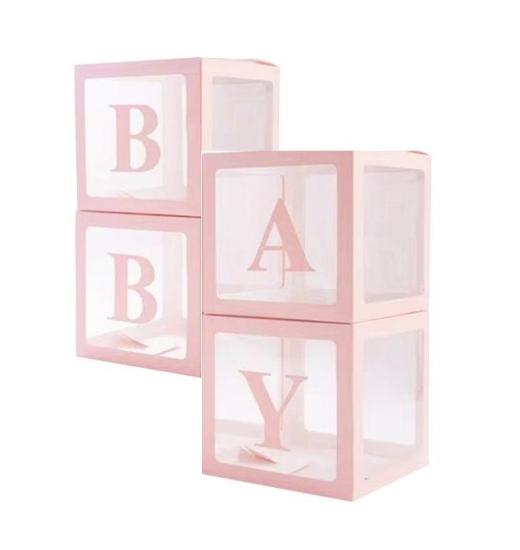 Pembe Şeffaf Balon Kutu 4 Lü , 25 CM X25 CM Baby Yazılı Kağıt Kutu Parti Kutlama Dekor