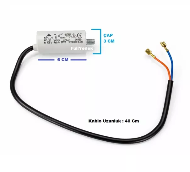 Kablolu 4 MF Kondansatör , Motor Kondansatörü , Kapasitör 4 Mf 450 VAC 50-60 HZ